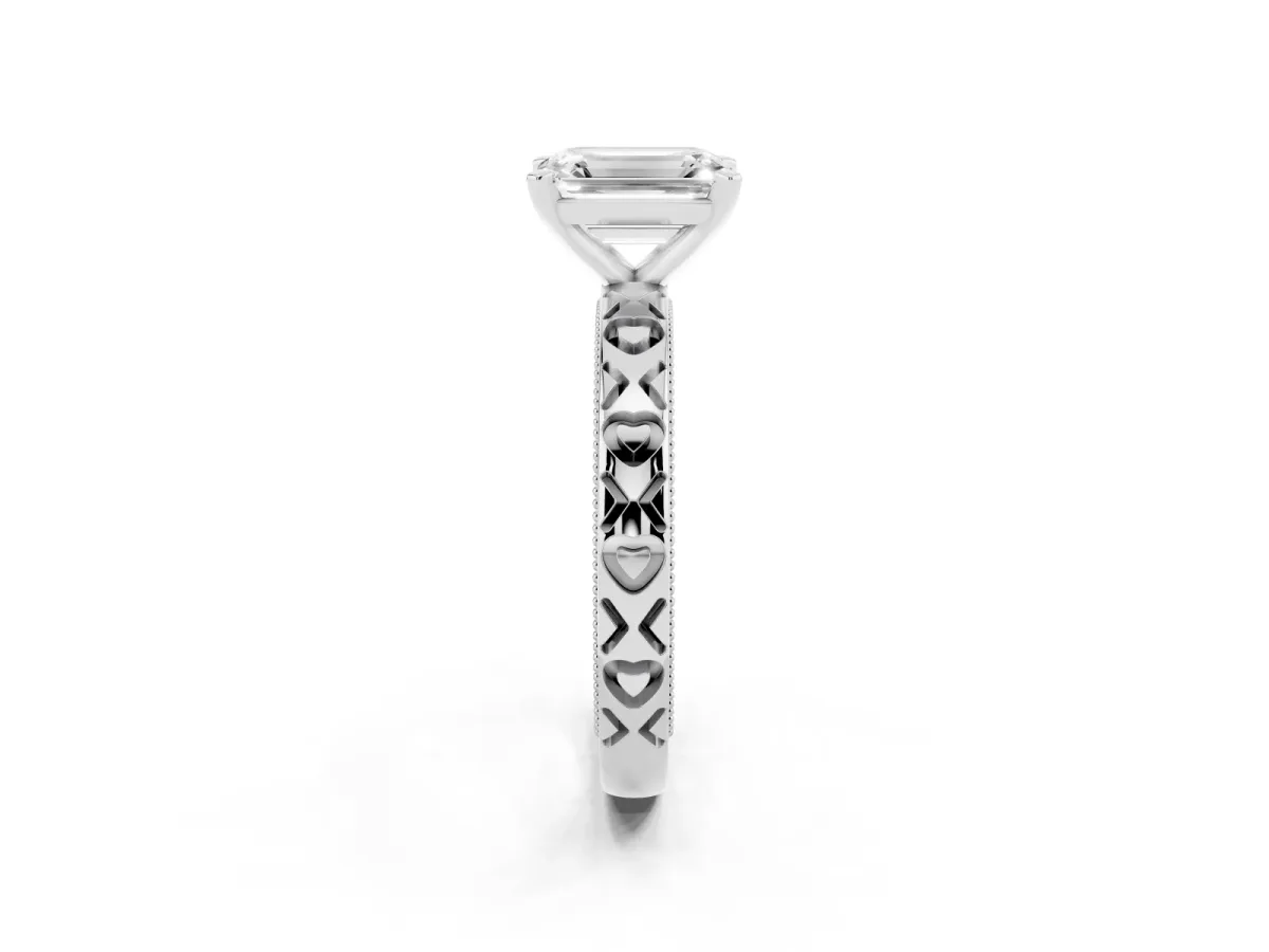 Emerald Cut Solitaire Diamond Engagement Ring with XO Engraved Band and Four-Prong Setting White gold