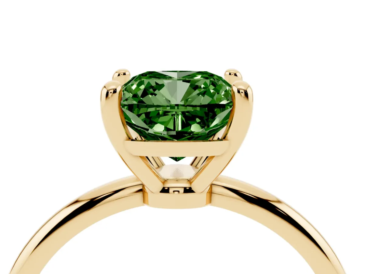 Fancy Green Cushion Cut Solitaire Diamond Ring with 4-Prong Setting on a Classic Band Yellow gold