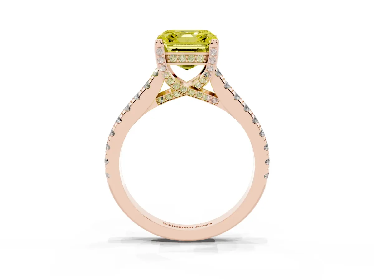 Fancy Yellow Asscher Cut Brilliant Diamond Solitaire with Pavé Band and Four-Prong Setting Rose gold