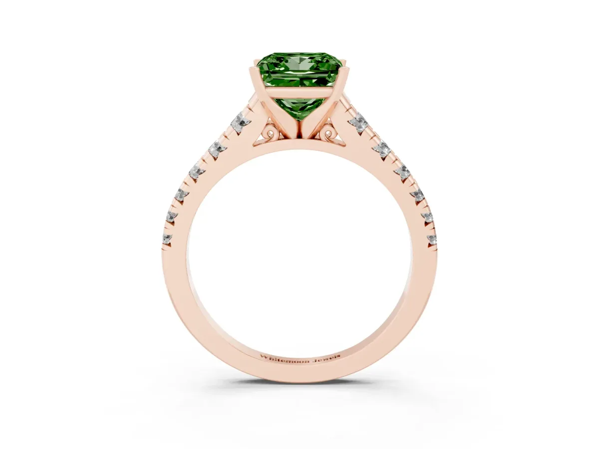 Fancy Green Princess Cut Diamond Cathedral Solitaire Ring with Round Pavé Band Rose gold