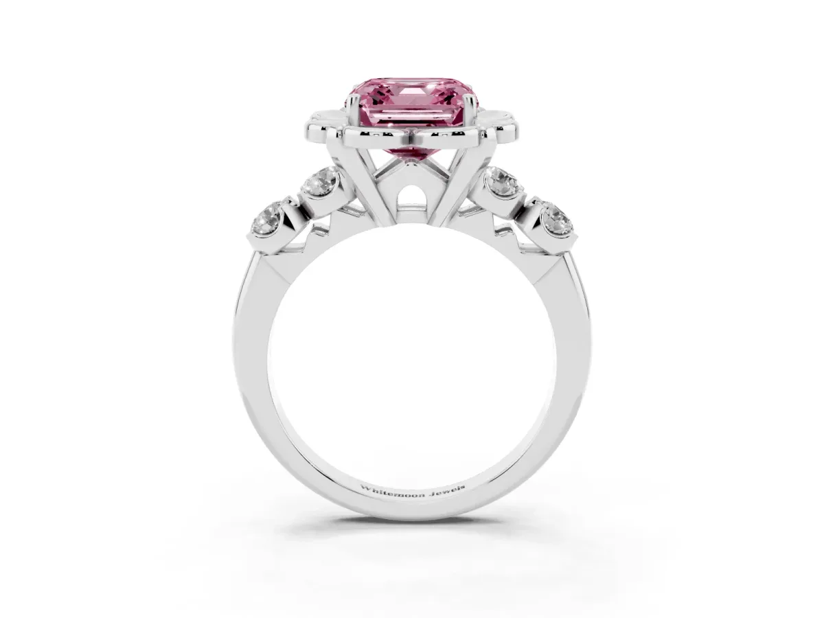 Fancy Pink Asscher Cut Cut Diamond Floral Halo Engagement Ring with Shared Prong Setting Silver