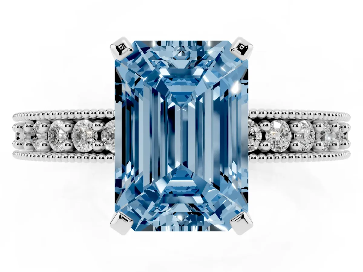 Fancy Blue Emerald Cut Diamond Milgrain Pavé Engagement Ring with Four-Prong Setting Silver