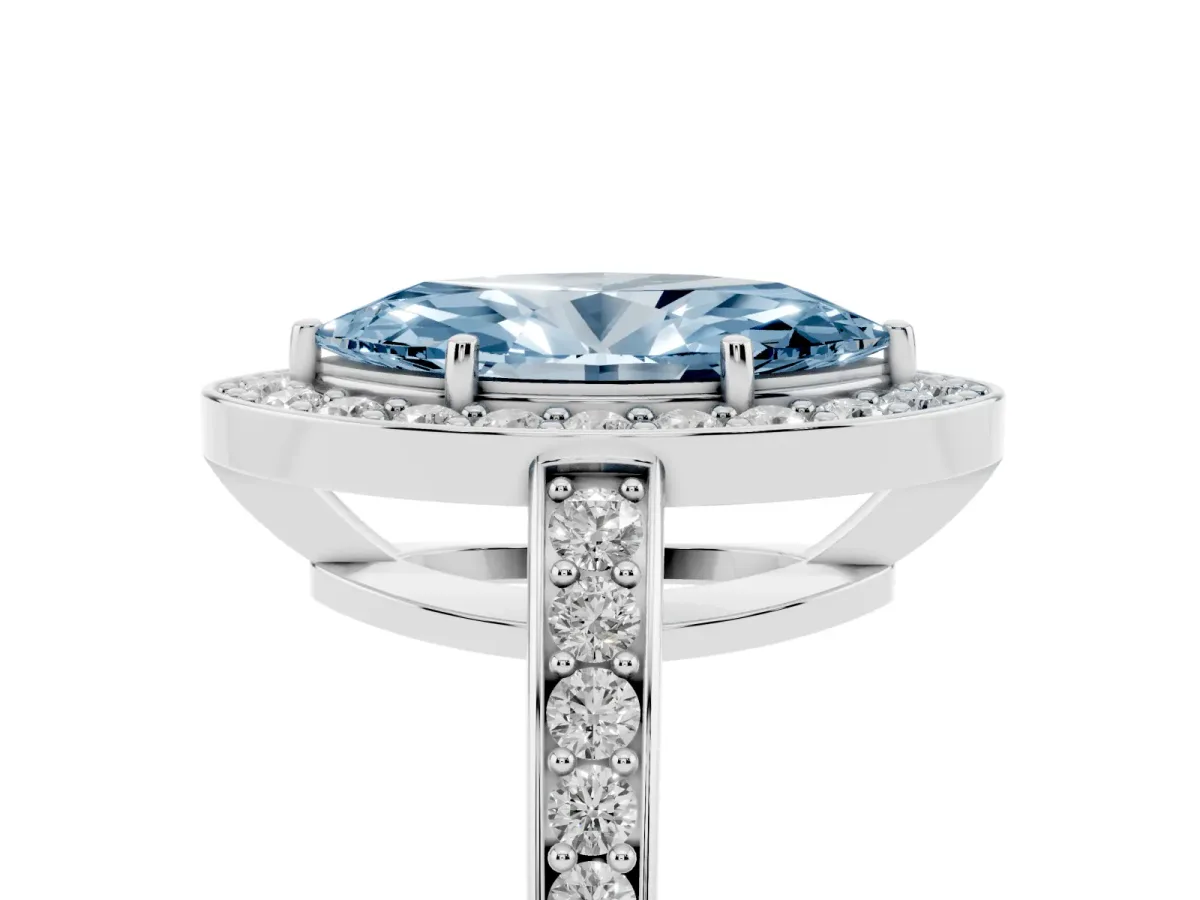 Fancy Blue Marquise Cut Halo Pavé Diamond Engagement Ring with Bezel Setting Silver