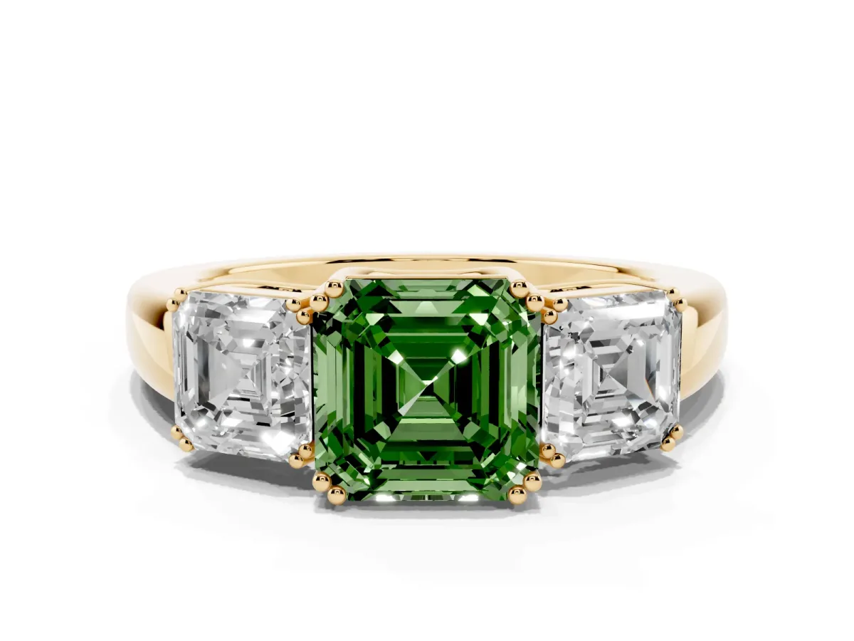 Fancy Green Three-Stone Asscher Cut Cut Diamond Ring with Channel Set Band and Four-Prong Setting Yellow gold
