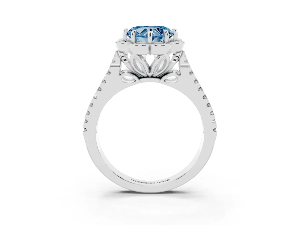 Fancy Blue Heart Cut Halo Diamond Floral Split Shank Engagement Ring Silver