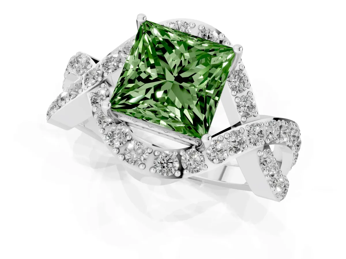 Fancy Green Princess Cut Solitaire Twist Band Pavé Diamond Engagement Ring Silver