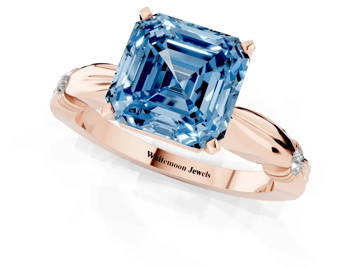 Fancy Blue Asscher Cut Solitaire Diamond Twisted Band with Four-Prong Setting Rose gold