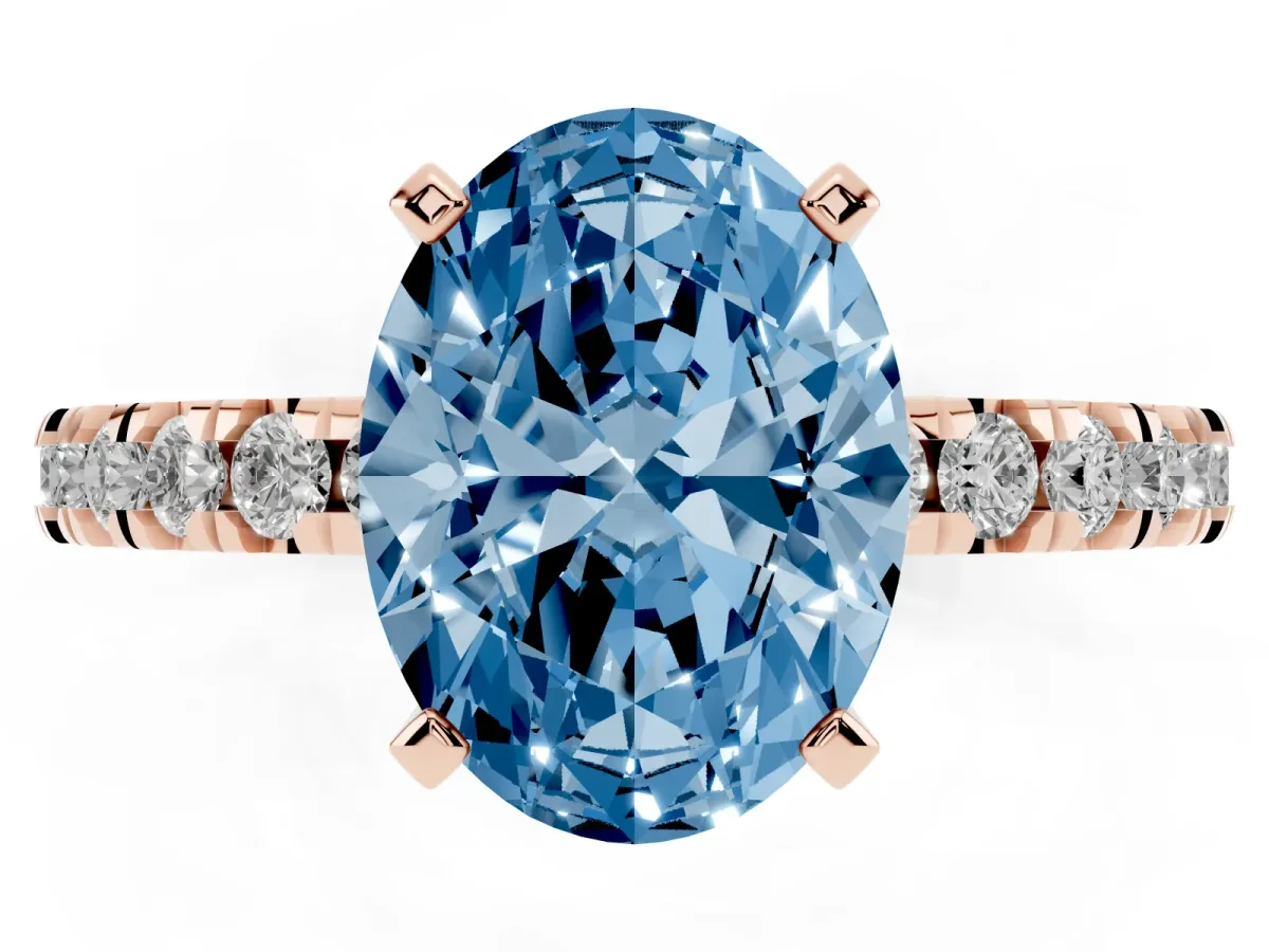 Fancy Blue Oval Cut Diamond Pavé Band Solitaire with Four-Prong Setting Rose gold