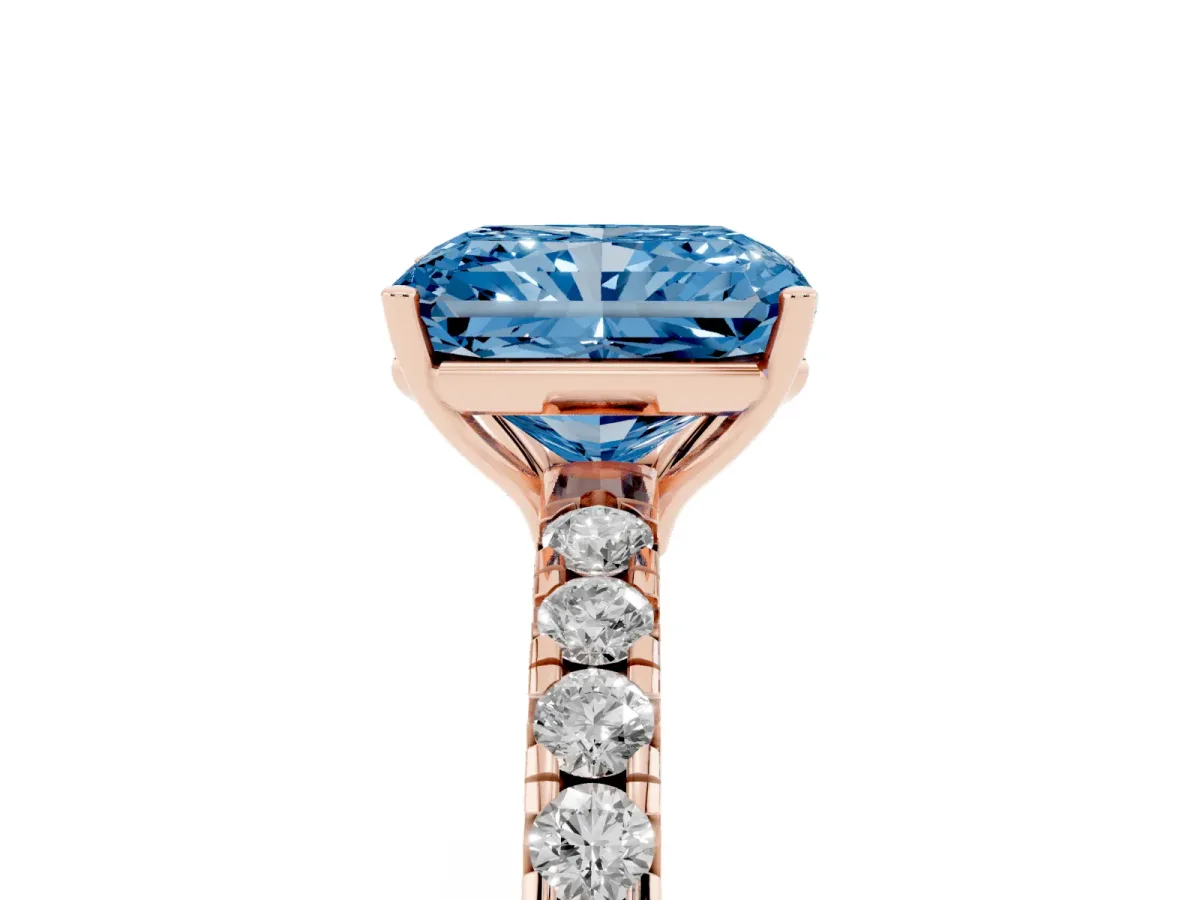 Fancy Blue Radiant Cut Diamond Pavé Solitaire Engagement Ring with Four-Prong Setting Rose gold