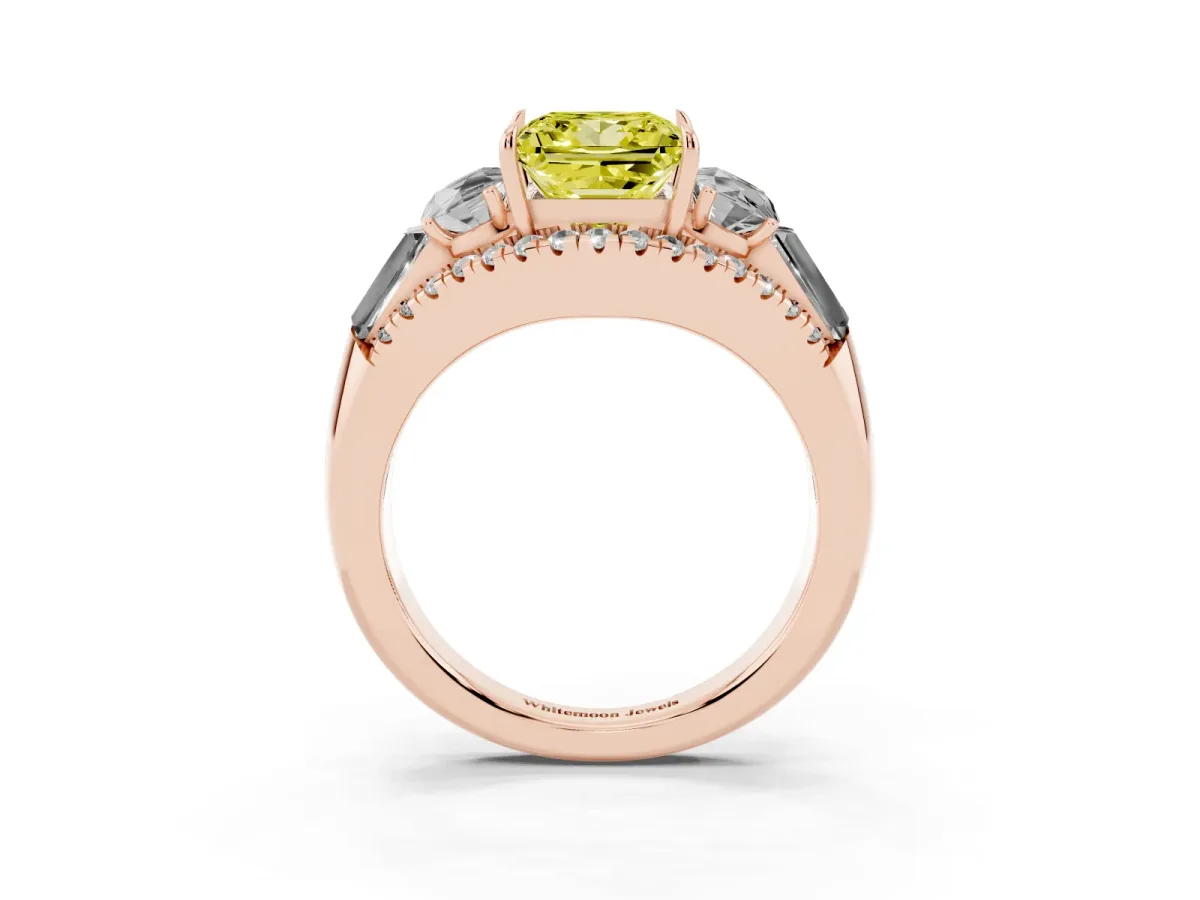 Fancy Yellow Three-Stone Princess Cut Diamond Engagement Ring with Pave Band and Prong Setting Rose gold
