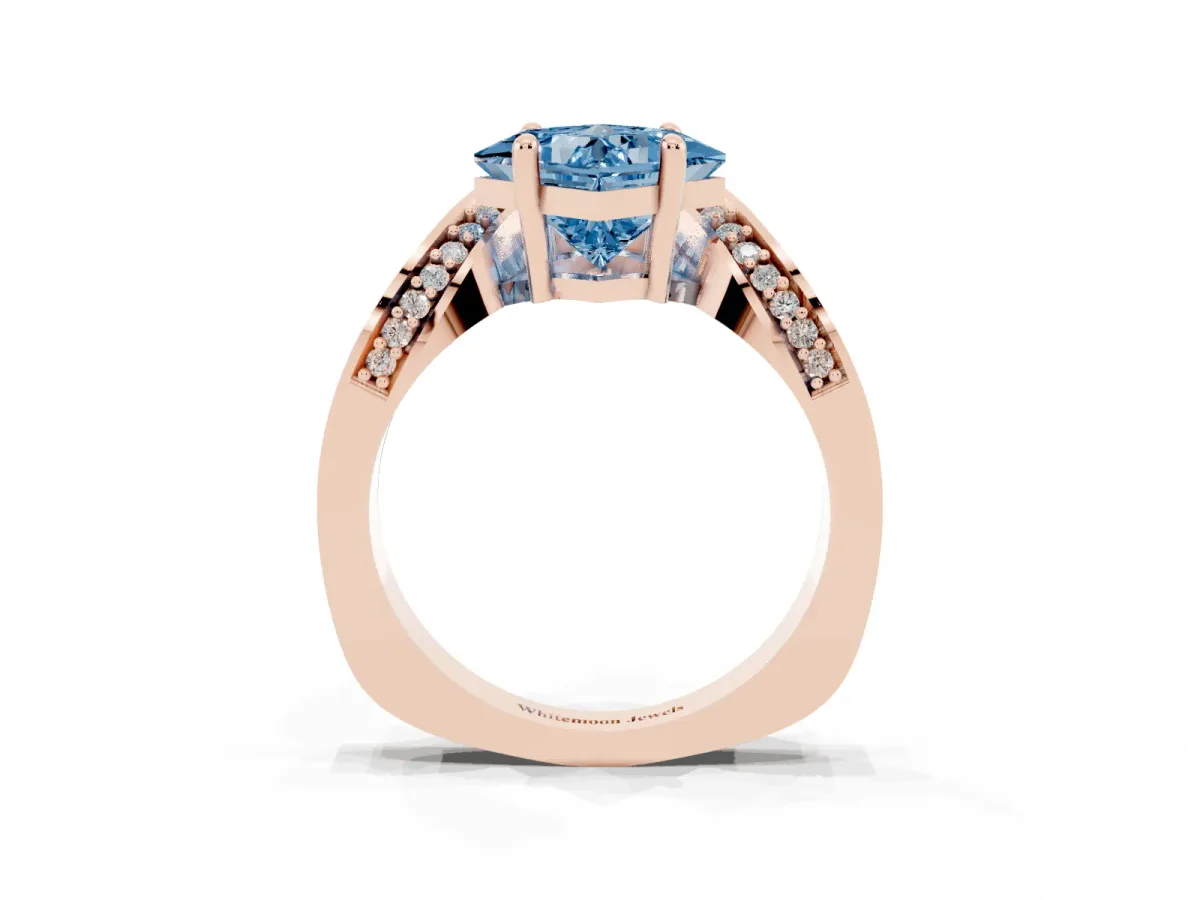 Fancy Blue Princess Cut Solitaire Diamond Engagement Ring with Pave Band and Four-Prong Setting Rose gold