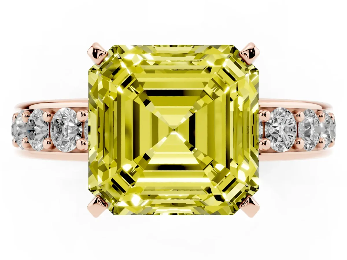 Fancy Yellow Asscher Cut Diamond Engagement Ring with Channel Set Round Band and Prong Setting Rose gold