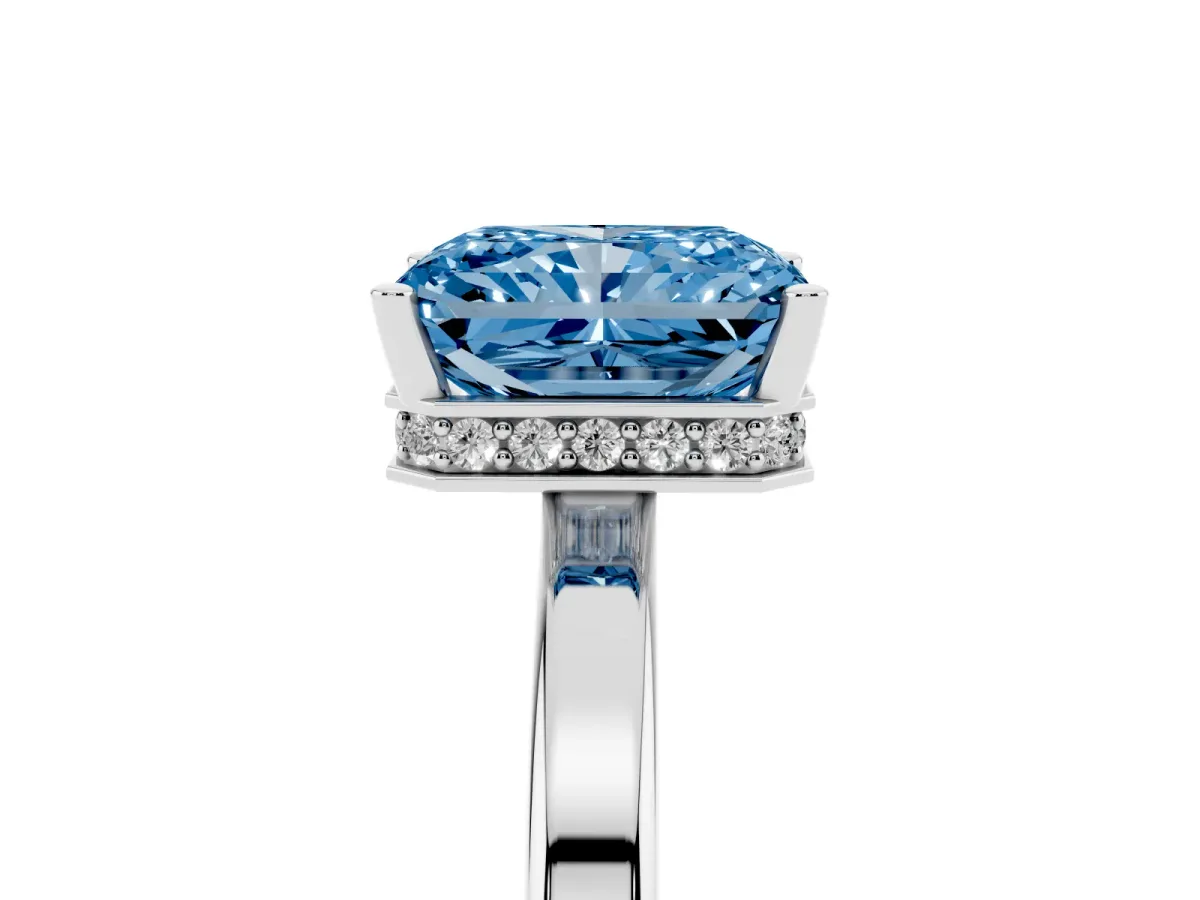 Fancy Blue Radiant Cut Cut Solitaire Engagement Ring with Four-Prong Setting on a Classic Band White gold