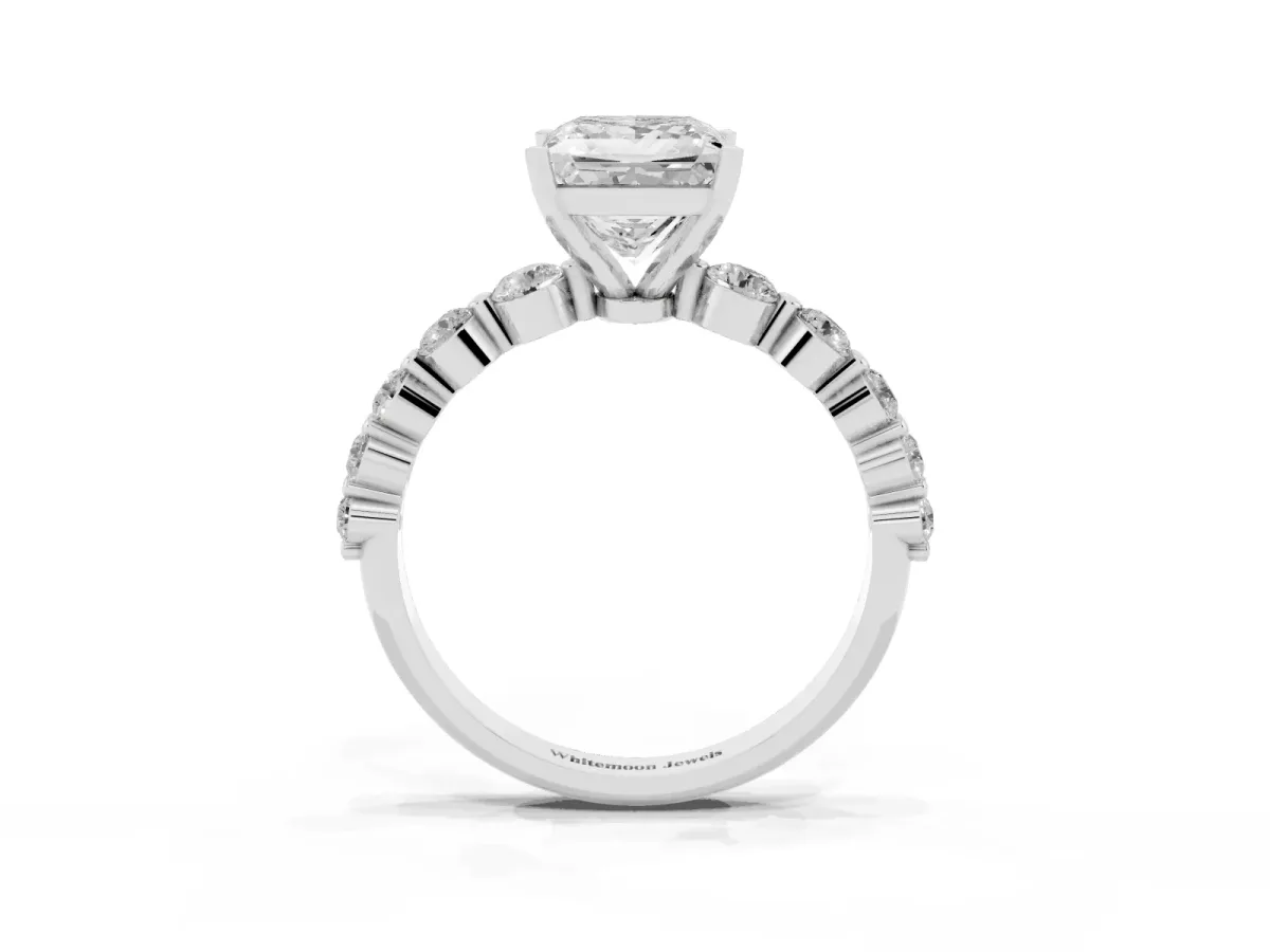 Princess Cut Solitaire Diamond Ring with Pave Band and Four-Prong Setting Silver