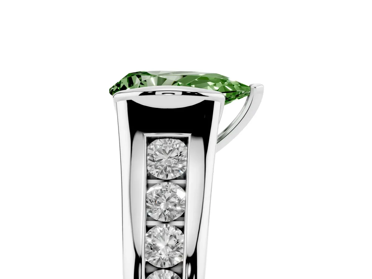 Fancy Green Pear Cut Solitaire Bezel-Set Diamond Ring with Channel-Set Band Silver