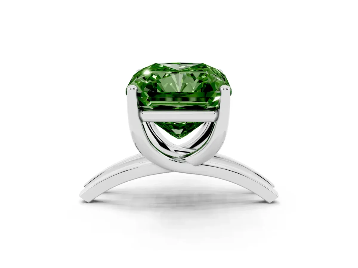 Fancy Green Radiant Cut Cut Diamond Solitaire Engagement Ring with Tapered Plain Band and Four-Prong Setting Silver