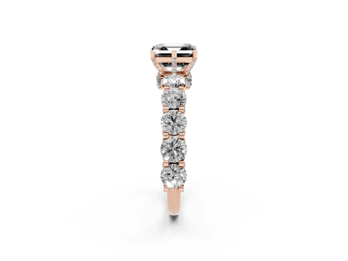 Fancy Black Asscher Cut Diamond Side Stone Engagement Ring with Four-Prong Setting Rose gold