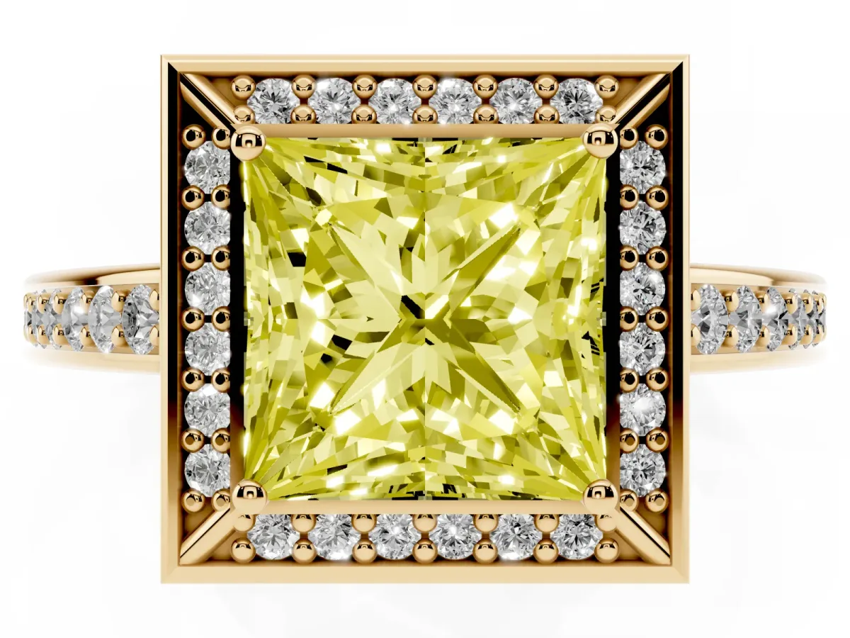 Fancy Yellow Princess Cut Cut Halo Pave Split Shank Prong Setting Ring Yellow gold