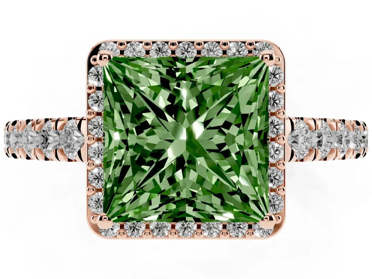 Fancy Green Princess Cut Cut Halo Diamond Engagement Ring with Pave Band and Four-Prong Setting Rose gold