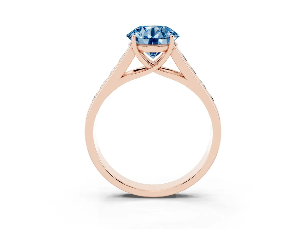 Fancy Blue Round Cut Solitaire Channel-Set Diamond Engagement Ring with Four-Prong Setting Rose gold