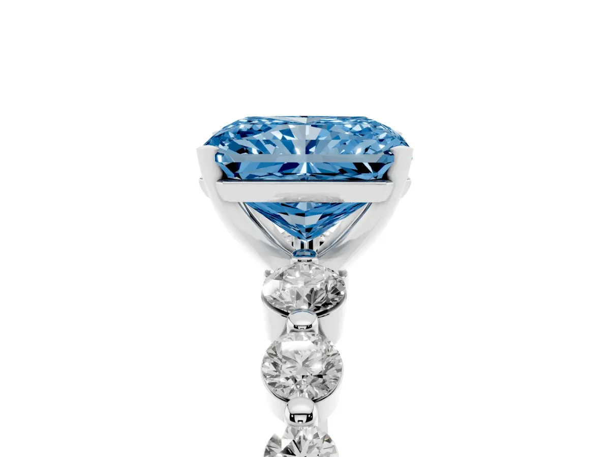 Fancy Blue Radiant Cut Solitaire Diamond Ring with Pave Band and Four-Prong Setting Silver