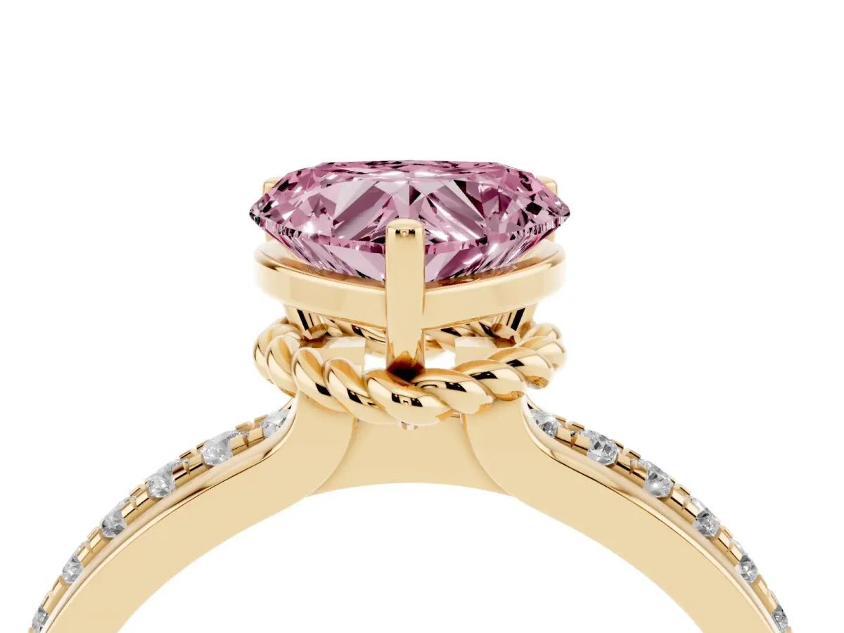 Fancy Pink Heart Cut Solitaire Diamond Ring with Channel Set Band and Six-Prong Setting Yellow gold