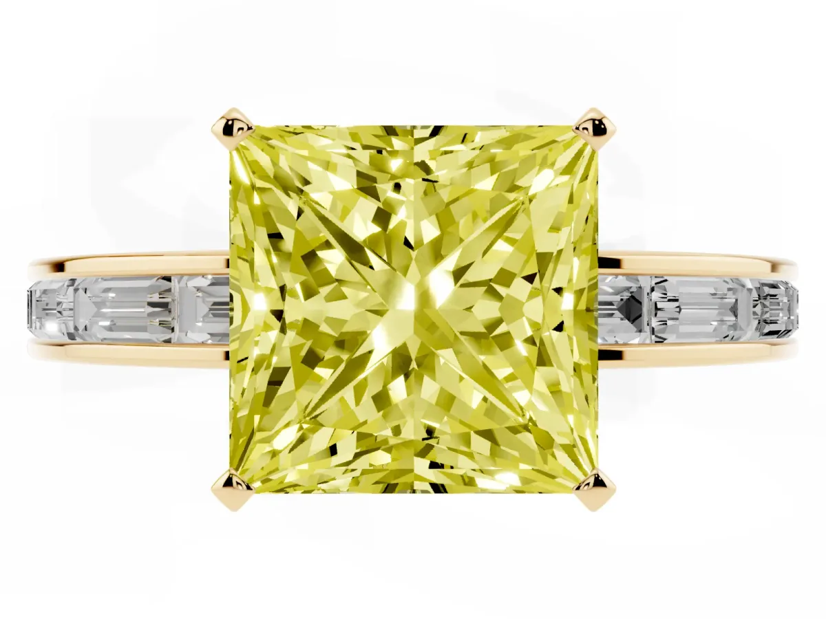 Fancy Yellow Princess Cut Solitaire Diamond Ring with Channel-Set Baguette Band and Four-Prong Setting Yellow gold