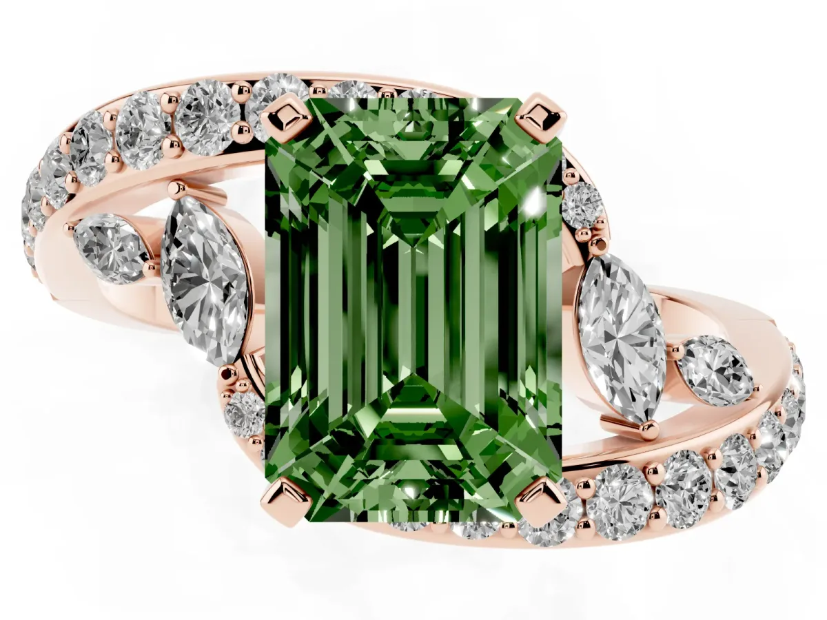 Fancy Green Emerald Cut Solitaire with Pavé Twist Band and Four-Prong Setting Rose gold