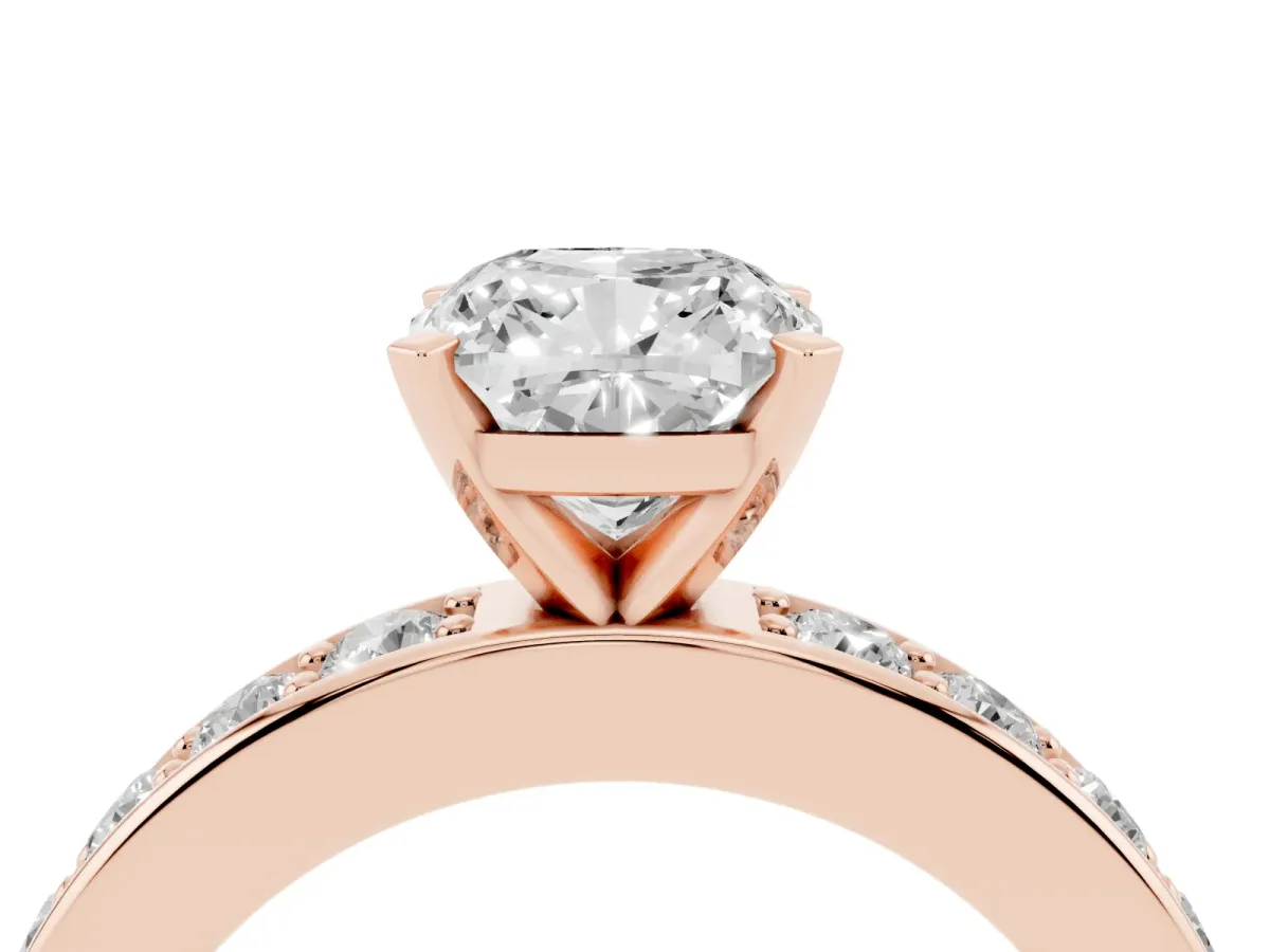 Cushion Cut Diamond Engagement Ring with Channel Set Round Band and Prong Setting Rose gold