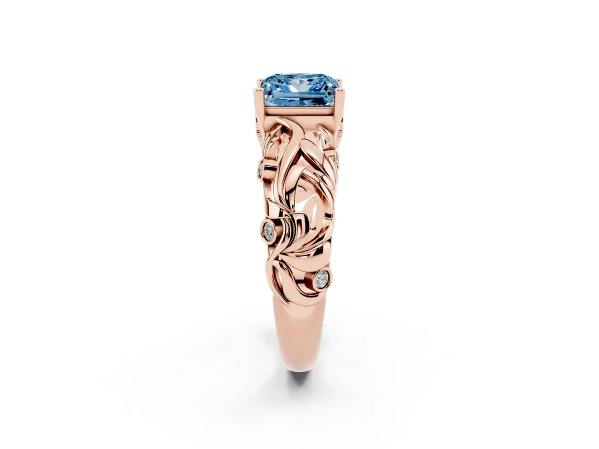 Fancy Blue Princess Cut Solitaire Diamond Leaf-Inspired Vine Band Ring with Prong Setting Rose gold