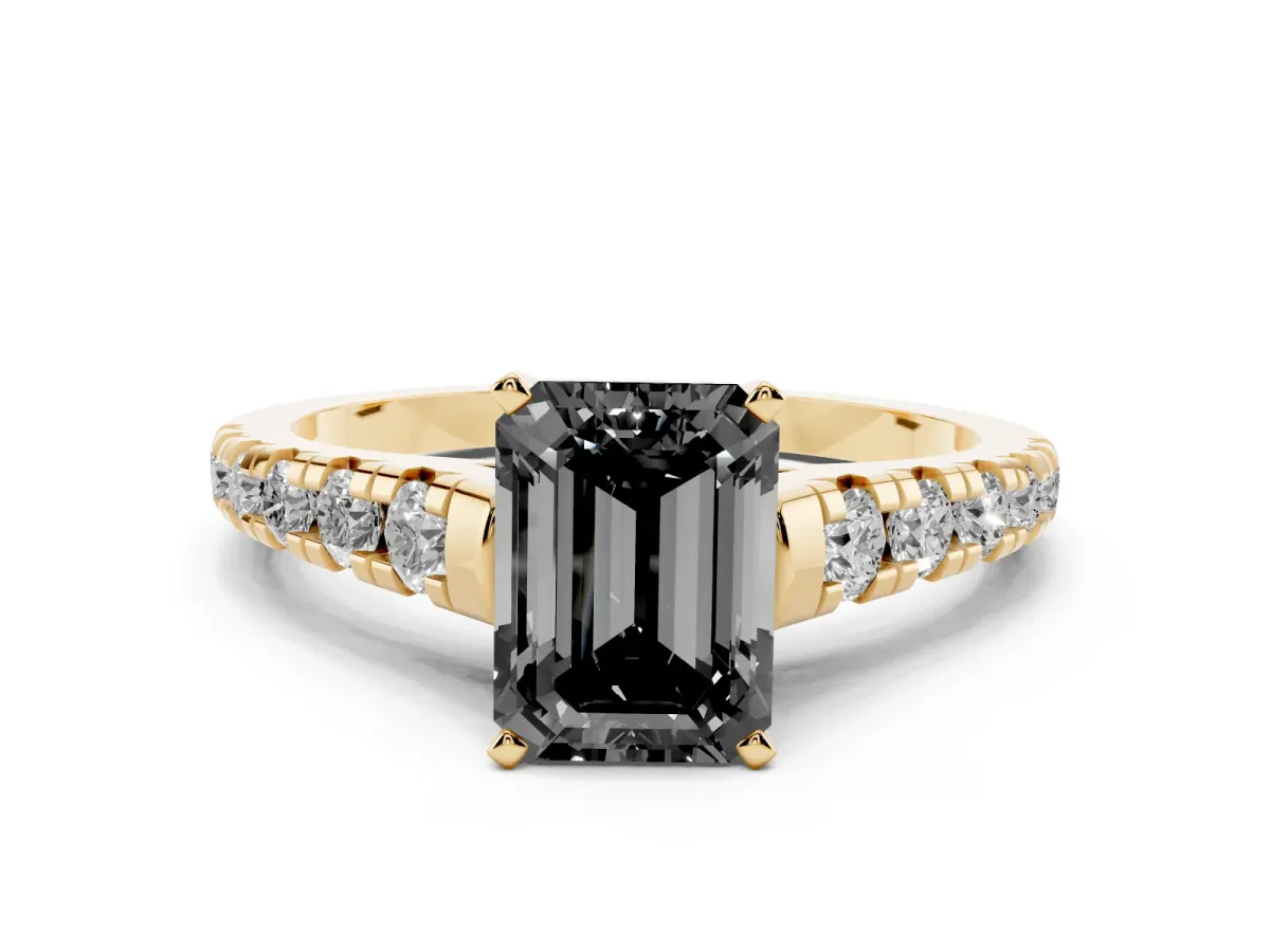Fancy Black Emerald Cut Diamond Cathedral Solitaire Ring with Round Pavé Band Yellow gold