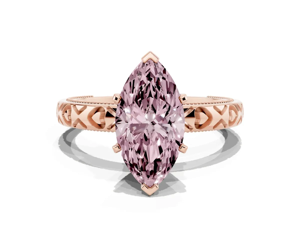 Fancy Pink Marquise Cut Solitaire Diamond Engagement Ring with XO Engraved Band and Four-Prong Setting Rose gold