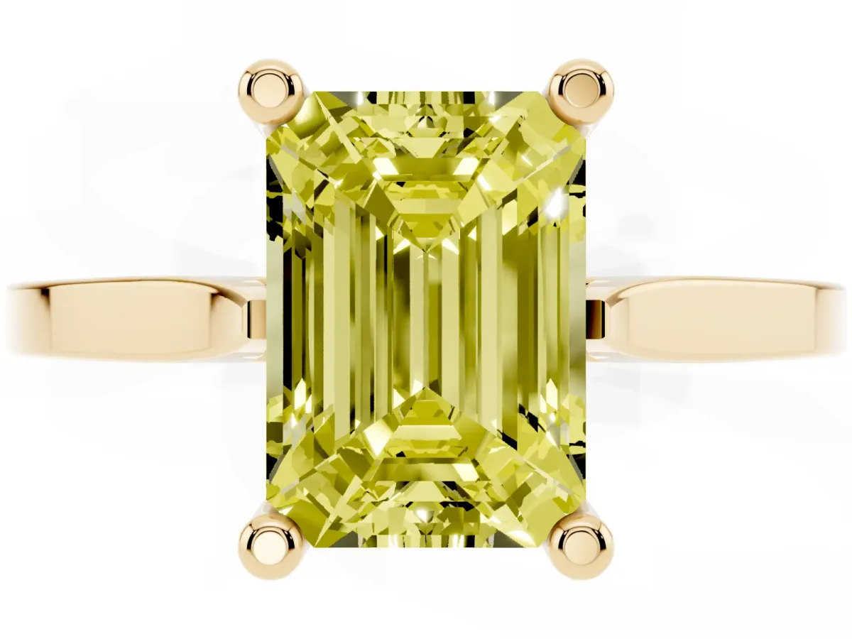 Fancy Yellow Emerald Cut Solitaire Diamond Ring with Four-Prong Setting and Tapered Band Yellow gold