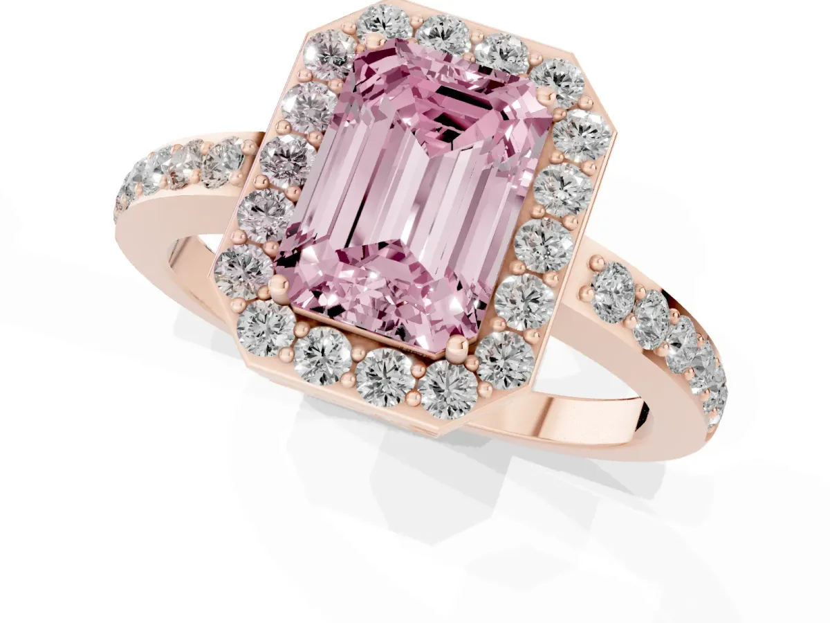 Fancy Pink Emerald Cut Halo Diamond Pavé Band Ring with Prong Setting Rose gold