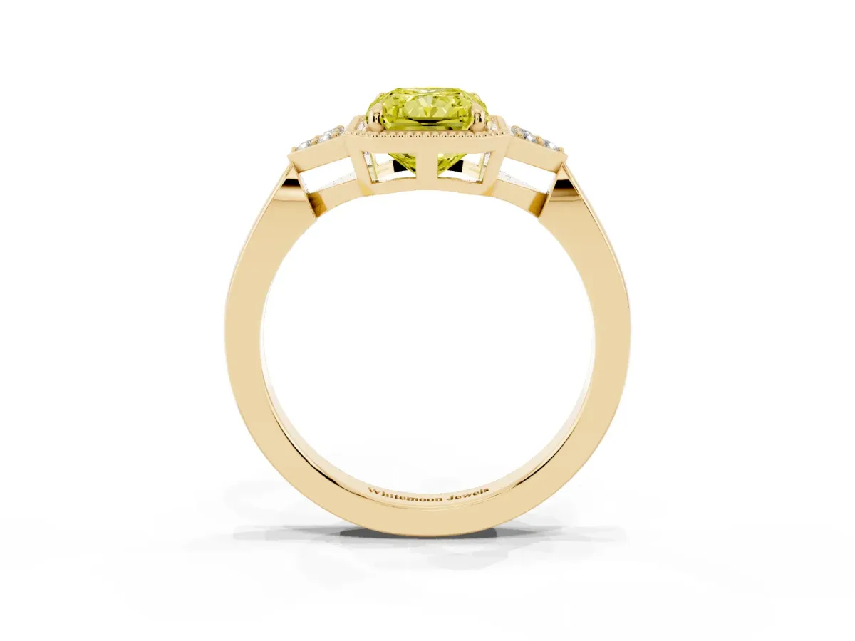 Fancy Yellow Hexagonal Halo Radiant Cut Diamond Solitaire with Pavé Band and Four-Prong Setting Yellow gold