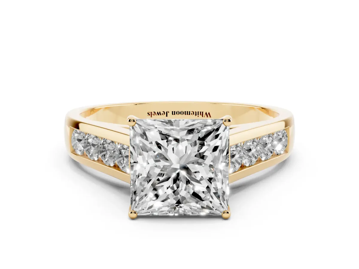 Princess Cut Brilliant Channel-Set Solitaire Ring with Four-Prong Setting Yellow gold