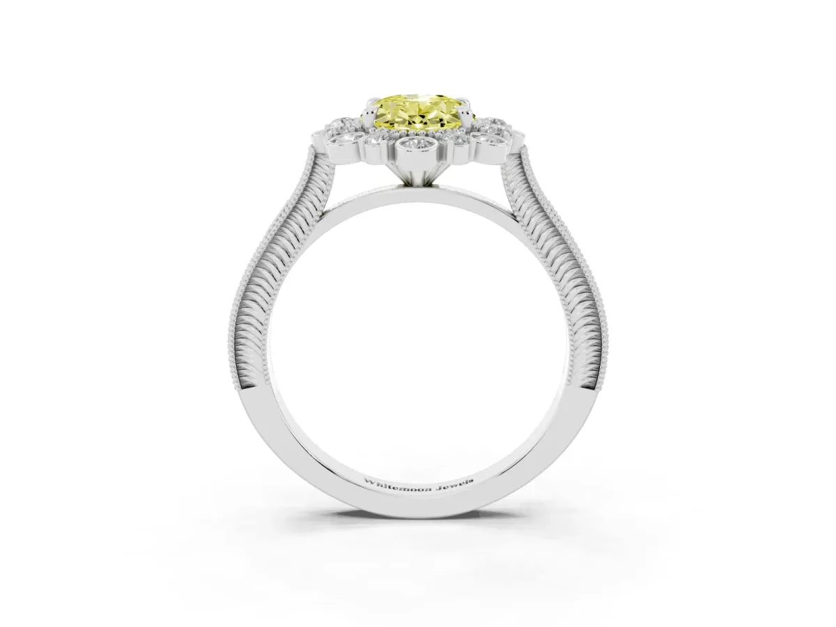 Fancy Yellow Oval Cut Halo Milgrain Pave Diamond Ring with Four-Prong Setting Silver