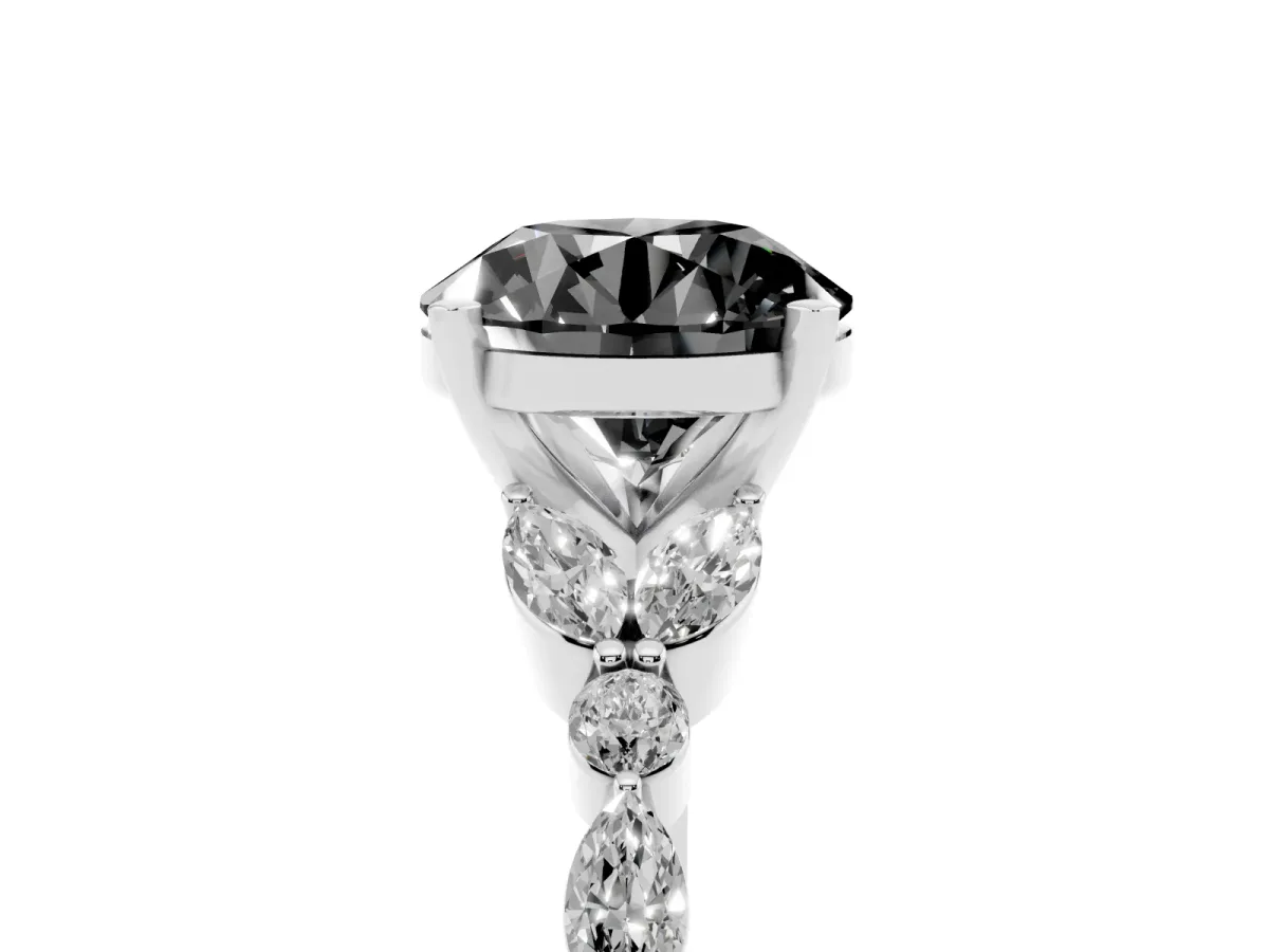 Fancy Black Round Cut Diamond Solitaire Ring with Side Stones and Four-Prong Setting Silver