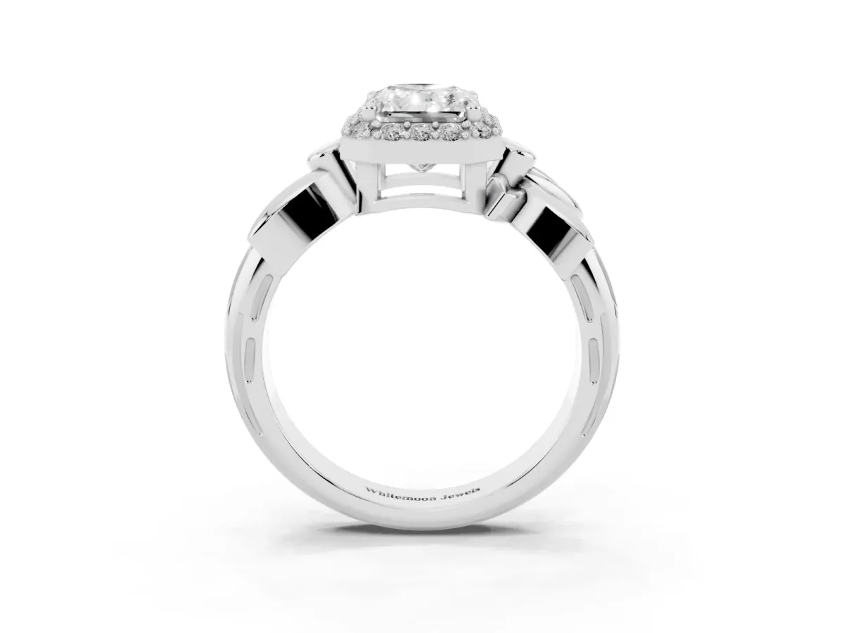 Radiant Cut Halo Diamond Floral Band with Four-Prong Setting Platinum