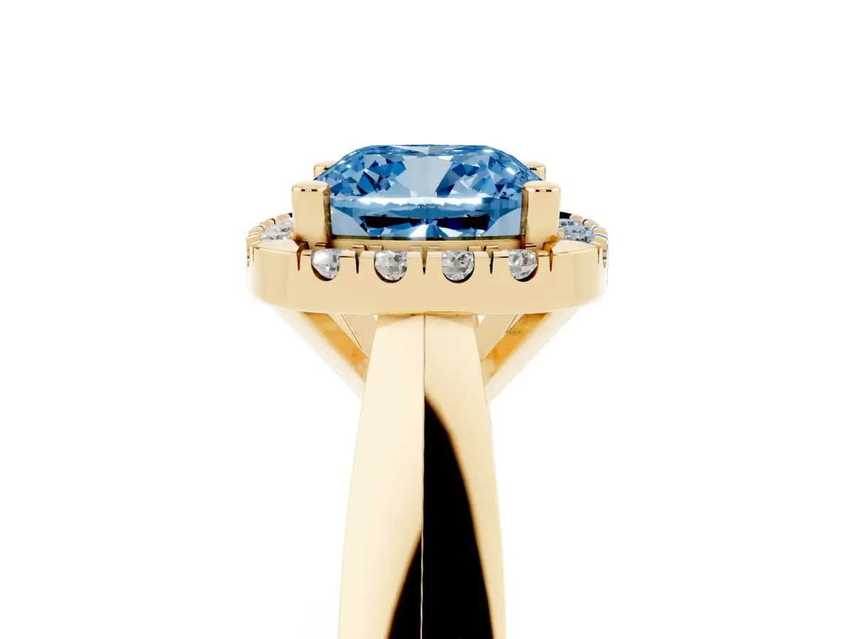 Fancy Blue Cushion Cut Cut Halo Solitaire Engagement Ring with Square Band and Four-Prong Setting Yellow gold