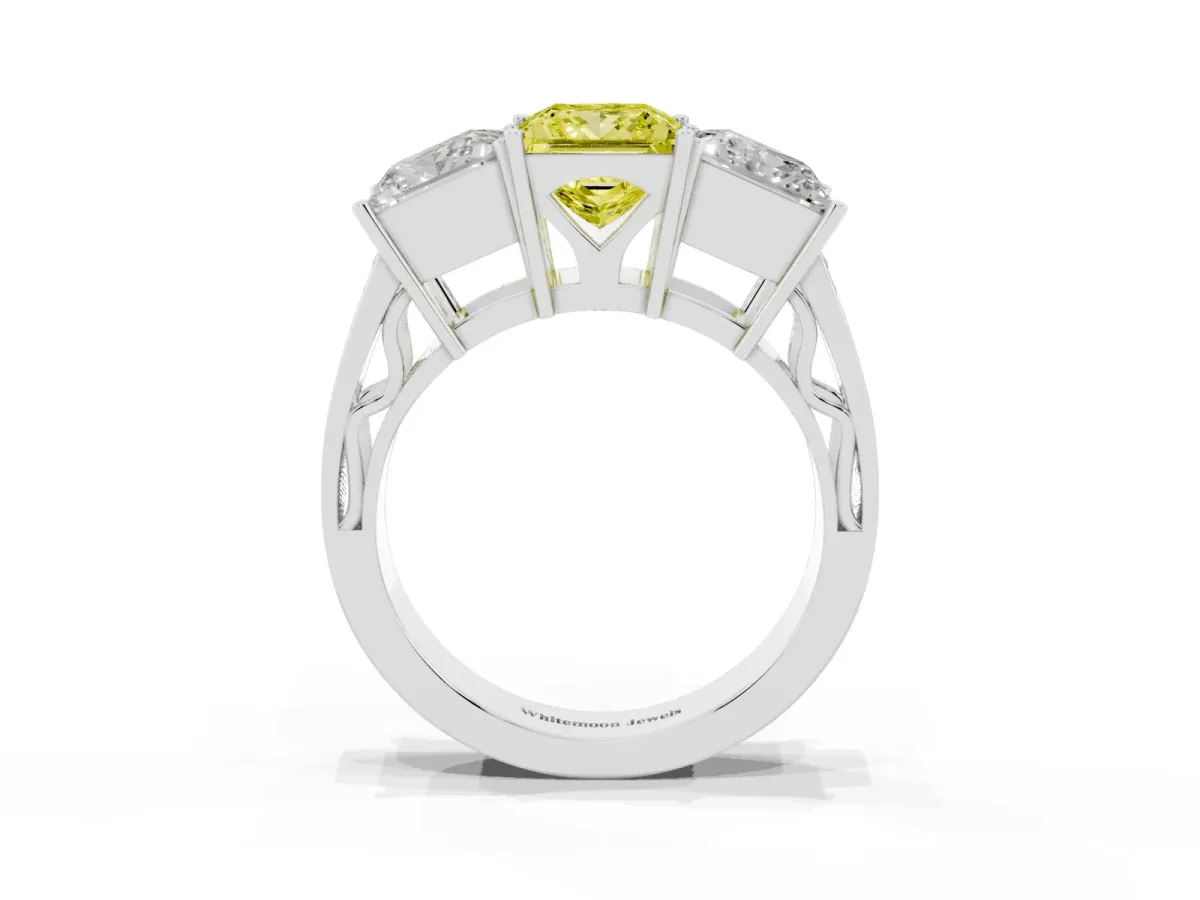 Fancy Yellow Princess Cut Diamond Three-Stone Ring with Prong Setting and Textured Band Silver