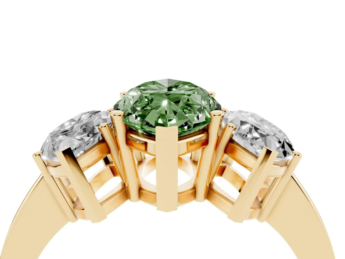 Fancy Green Three-Stone Marquise Cut Cut Diamond Engagement Ring with Flat Band and Four-Prong Setting Yellow gold