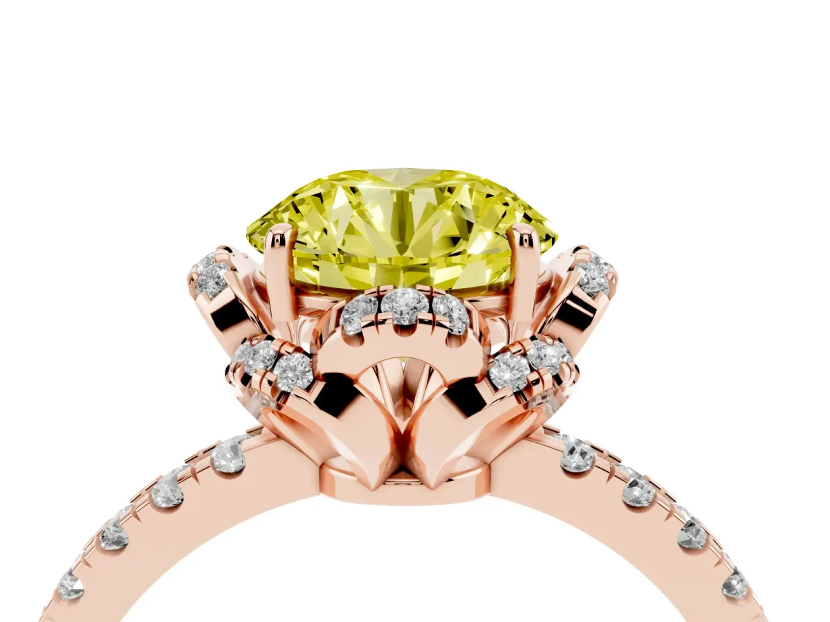 Fancy Yellow Round Cut Halo Diamond Pave Band Ring with Four-Prong Setting Rose gold