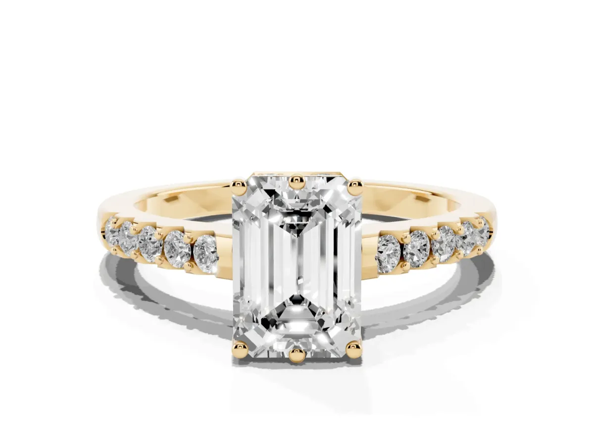 Emerald Cut Solitaire Diamond Engagement Ring with Pavé Band and Six-Prong Setting Yellow gold