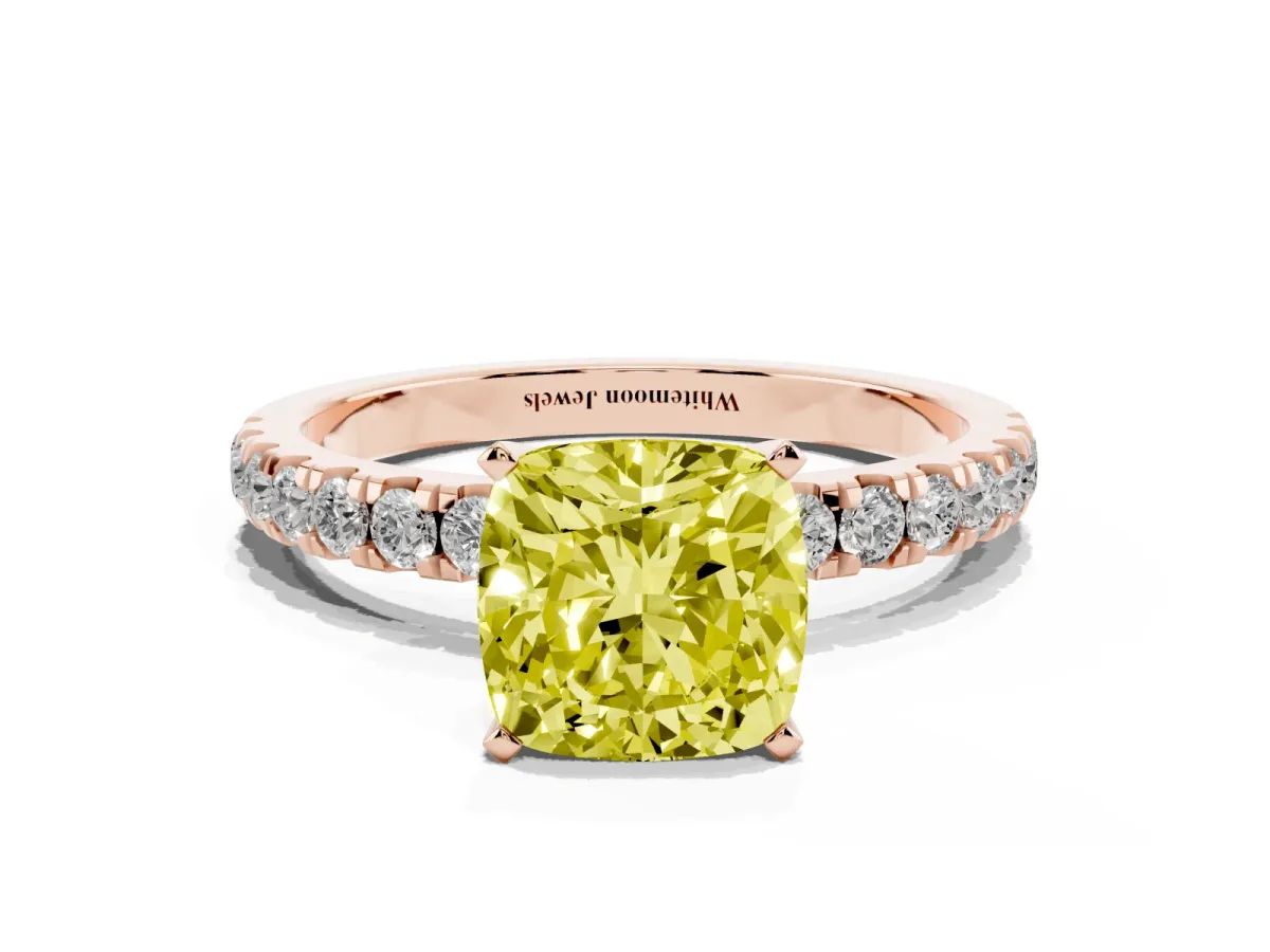 Fancy Yellow Cushion Cut Diamond Solitaire Ring with Pavé Accents and Four-Prong Setting Rose gold