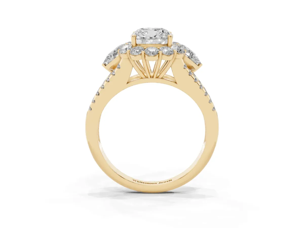 Cushion Cut Halo Split Shank Diamond Engagement Ring with Prong Setting Yellow gold