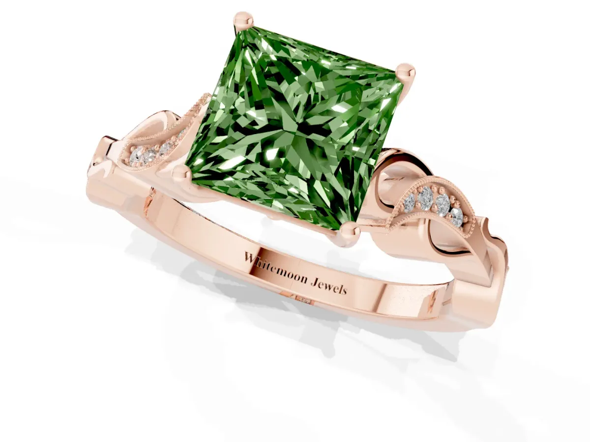 Fancy Green Princess Cut Solitaire Vine Band with Milgrain Prong Setting Rose gold