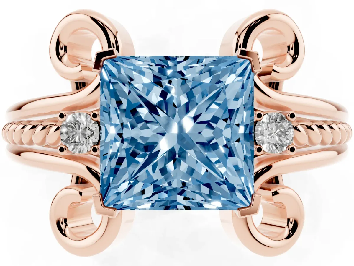 Fancy Blue Princess Cut Solitaire Twisted Band Scroll Prong Ring Rose gold