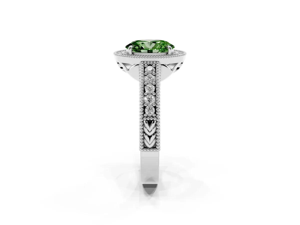 Fancy Green Oval Cut Cut Halo Diamond Ring with Pavé Band and Four-Prong Setting Silver