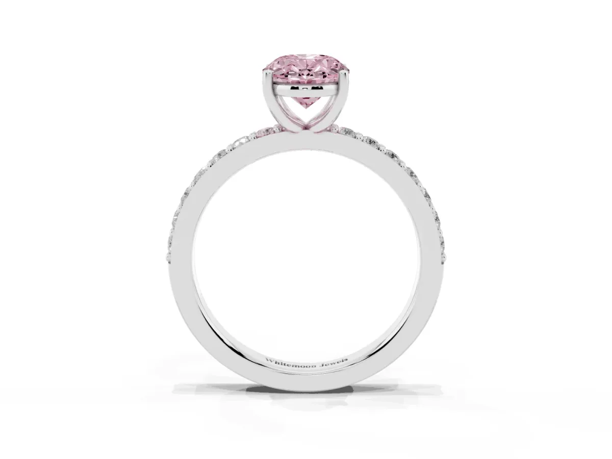 Fancy Pink Oval Cut Cut Diamond Solitaire with Pave Band and Four-Prong Setting Silver